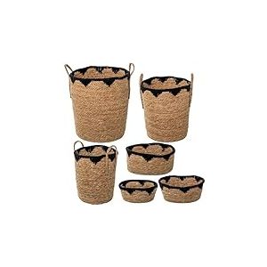 Lot de 6 paniers en herbe de mer et coton naturel et noir Ø40 x 47 + Ø34 x 42 + Ø28 x 37 + 34 x 25 x 16 cm