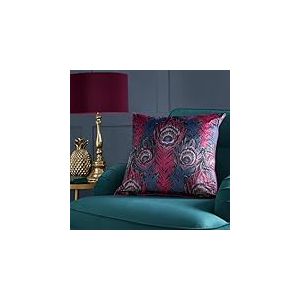 Laurence Llewelyn-Bowen - Coussin Paon Rouge Prune - 55 x 55 cm - Motifs r&eacute;versibles - Remplissage/Rembourrage Inclus - Bord passepoil&eacute; - Plume de Paon - Coussin de Luxe - Coussin Jacquard en Rouge
