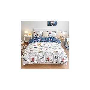 Parure de lit 2 pièces avec Housse de Couette réversible pour Enfants, 100% Coton, Motif Dinosaure, Camion, Voiture, pour garçons et Filles, Tout-Petits (1 Housse de Couette + 1 taie d'oreiller)