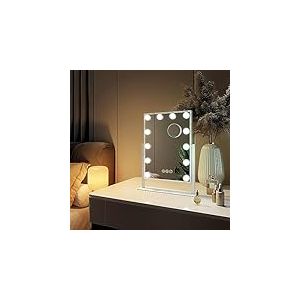 EMKE Miroir Lumineux de Maquillage Hollywood 30 x 41cm, Cadre Blanc, Miroir grossissant 7X avec Ampoules LED Interrupteur Tactile, Rotation 360°, 3 Couleurs Réglable