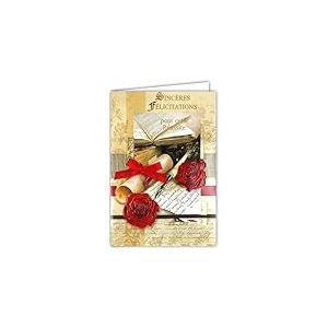 78-610 Carte Sinc&egrave;res F&eacute;licitations pour cette R&eacute;ussite Dipl&ocirc;me Parchemin avec un vrai n&oelig;ud de ruban rouge Stylo Plume Fleurs Roses Rouges en Relief Format 19x13,5cm avec Enveloppe Blanche 20x14cm