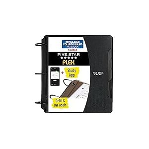 Five Star Flex Carnet rechargeable + application d'étude, papier ligné pour université, anneaux TechLock de 3,8 cm, poches, onglets et intercalaires, capacité de 300 feuilles, noir (29324AA2)