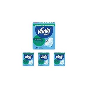 Vania | Serviettes Maxi Confort Super Plus (bo&icirc;te de 14 pi&egrave;ces) &ndash; Serviettes avec forme anatomique et c&oelig;ur bomb&eacute; absorbant &ndash; Protection hygi&eacute;nique avec voile extra doux (Lot de 4)