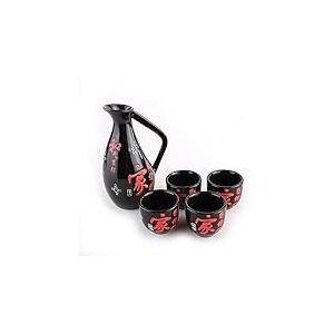 lachineuse - Service à Saké Sakura - Fleurs de Cerisier - avec 4 Bols & Carafe - Verres à Saké Japonais - Cadeau Vaisselle Asiatique - Service Saké Traditionnel Porcelaine Floral Japon - Noir & Rouge