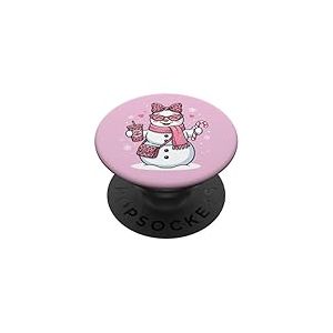 Noeud Coquette Rose avec Bonhomme de Neige l&eacute;opard et caf&eacute; PopSockets PopGrip Adh&eacute;sif