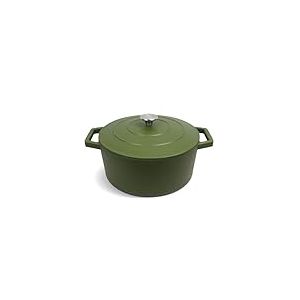 QULINART Cocotte en fonte d'acier ronde 6.8L couvercle en fonte avec poignée en inox sans PFOA, Compatible tous feux dont induction, four, réfrigérateur, congélateur, lave-vaiselle - Vert Mat Ø 28 cm