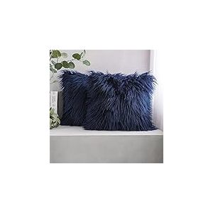 Phantoscope Lot de 2 Housses de Coussin d&eacute;coratives en Fourrure m&eacute;rinos Bleu Marine 45 x 45 cm