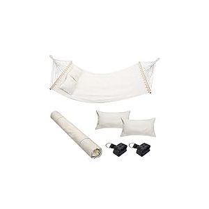 Bakaji Hamac de Jardin Double 2 Places 232 x 148 cm Barres transversales en Bois Rev&ecirc;tement en Polycoton avec 2 Coussins et Sangles Design Moderne pour Jardin Terre Camping (Beige)