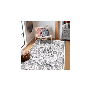 SHACOS Tapis Salon Effet Vieilli, R&eacute;tro Boh&egrave;me Poil Ras Moderne Motif Tapis Descente de Llit Chambre, Antid&eacute;rapant Tapis de Sol Doux pour Chambre &agrave; Coucher, Salle a Manger, Gris Fonc&eacute;, 80 x 150 cm