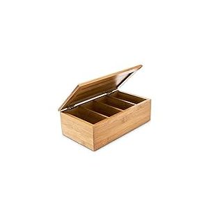 Relaxdays Bo&icirc;te &agrave; th&eacute; avec couvercle en bambou 4 compartiments 80 sachets de th&eacute; HxlxP 9 x 28,5 x 16 cm Rangement couvercle, nature, Marron