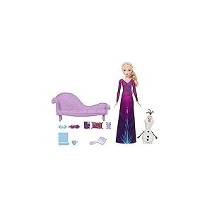 Mattel Disney La Reine des Neiges Elsa et Olaf Rêves de Neige Coffret avec poupée en tenue de nuit, figurine Olaf, mobilier de maison de poupée et 7 accessoires, HLX27