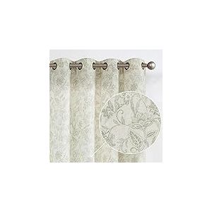 Vangao Rideaux semi-transparents en lin de style rustique de 274 cm de long pour salon, chambre &agrave; coucher, vert, imprim&eacute; floral vintage sur beige avec &oelig;illets sur le dessus