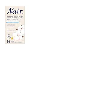 Nair Bandes de Cire Froide, pour le maillot et les aisselles, kit à domicile pour femmes, enrichie en huile de graines de coton, 16 bandes et 2 soins finition douceur.