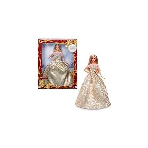 Barbie Poupée Joyeux Noël 2025, poupée Blonde emblématique Portant Une Robe Agent et Or, poupée Collector pour Les fêtes, avec Emballage de présentation et Socle, JBJ00