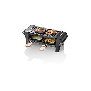 Bestron Appareil a raclette, Mini Grill pour 1 à 2 personnes, avec 2 poêlons et 2 spatules, avec revêtement antiadhésif, 350 Watts, couleur: noir/bois