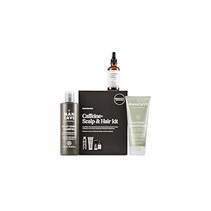 ManCave Kit caféine+ cuir chevelu et cheveux avec 3 essentiels de soins capillaires, la solution ultime pour des cheveux et un cuir chevelu plus sains. Shampooing à la caféine, après-shampoing à la