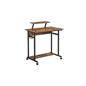 VASAGLE Bureau Informatique, Table d’études à roulettes, avec Support écran, 6 Crochets, 80 x 50 x 90 cm, Style Industriel, Marron Rustique et Noir LWD085B01