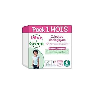 Love & Green - Couches Culottes Saines et Ecologiques Taille 6 (+16 kg) Pack 1 Mois (64 culottes) - Absorbante, anti-fuites et sans ingrédients indésirables