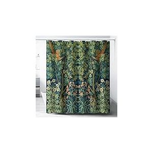 DDCBNS William Morris Rideau de Douche de Style Vintage du Milieu du si&egrave;cle, Motif Floral, Oiseaux, Plante Verte, Impression Artistique Abstraite, Rideau de Douche pour d&eacute;coration de Salle de Bain