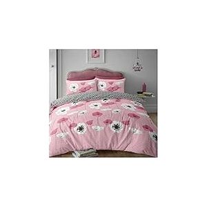 GC GAVENO CAVAILIA Parure de lit r&eacute;versible en Flanelle de Coton bross&eacute; Doux Motif Coquelicot Rose 1 Place