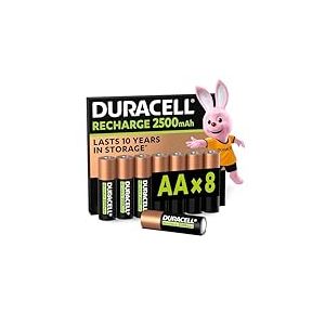 Duracell Rechargeables Piles AA (lot de 8), 2500 mAh, NiMH, pré-chargées, Longue durée, un packaging recyclable 0% plastique