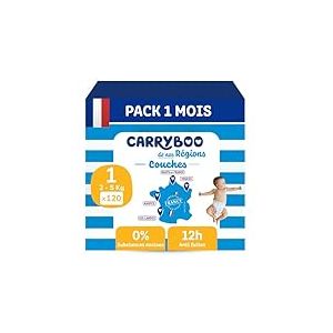 Carryboo - Couches Taille 1 (2-5kg) - Saines et Ultra Absorbantes - 12h Anti Fuites - Sans substances indésirables - Fabriquées en France - Prix Accessible - 120 Couches Jetables - Pack 1 Mois