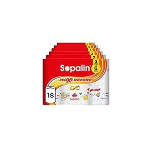 Sopalin Maxi Rouleaux Décoré – x18 Maxi Rouleaux = 36 rouleaux classiques – Double épaisseur – Demi-feuilles – Emballage composé d’au moins 80% de plastique recyclé – Papier certifié FSC Mixte