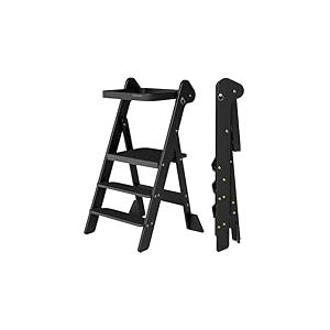 COSYLAND Tour d&rsquo;Observation Montessori Enfant Pliable &ndash; If Design Award, Tour d&rsquo;Apprentissage en Bois R&eacute;glable en Hauteur d&egrave;s 1 an avec Filet de S&eacute;curit&eacute;, Kitchen Helper B&eacute;b&eacute; &ndash; Noir