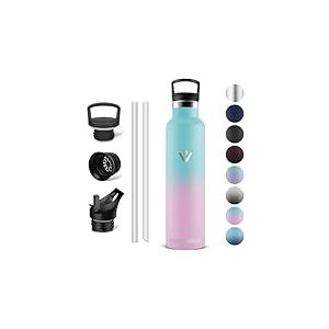 Vikaster Bouteille acier inoxydable - Thermos 1l, Gourde Avec Paille, Gourdes Sans BPA, Gourde Enfant & Adulte pour Sport, &eacute;cole, Bureau, Gym, Voyage, Vert - Rose