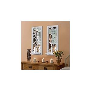Lot de 2 bougeoirs muraux en Bois - Support Mural Rustique - D&eacute;coration Murale &agrave; Suspendre - Cadre en Bois sculpt&eacute; - Miroir (Blanc Vieilli)