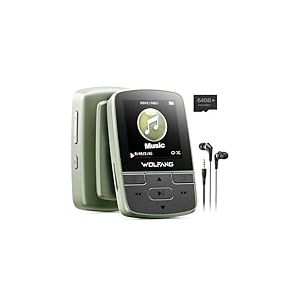 WOLFANG Lecteurs MP3 64 Go avec Bluetooth 5.2, Clip Sport, Taille Mini, Poids 28,3 g, Radio FM HiF, enregistreur Vocal, &eacute;couteurs Inclus, Vert Kaki