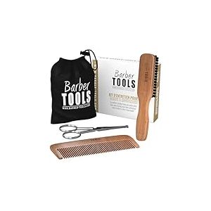 Kit d&rsquo;Entretien Barbe & Moustache Barber Tools &ndash; Brosse 100% Poils de Sanglier & Bois de Poirier, Peigne en Bois, Ciseaux &agrave; Bouts Arrondis, Sac de Rangement &ndash; Coffret Soins Homme