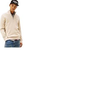 Tommy Jeans TJM SLM Ess Light &frac14; Zip SWTR Ext Dm0Dm21654 Pull Semi-zipp&eacute;, Beige (Gulf Sand), S Homme