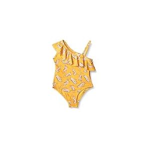 Amazon Essentials Maillot de Bain 1 pièce asymétrique à Volants Fille, Jaune Doré Beige Léopard, 6-7 Ans