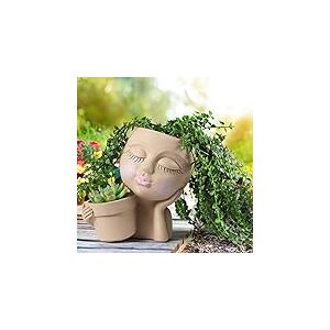 WEWEOW Pot de Fleurs Double en Un pour intérieur et extérieur en résine avec Trou de Drainage - Motif Visage de Femme Mignonne