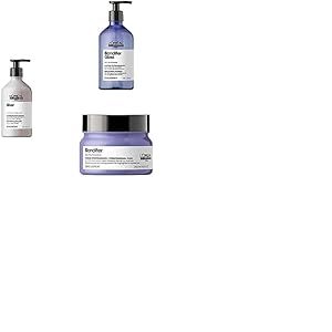 L’Oréal Professionnel, Routine Silver Blondifier pour Cheveux Gris à Blancs, Abîmés par les Décolorations, Shampoing Déjaunissant 500ml + Shampoing Illuminateur 500ml+ Masque Nutritif & Illuminateur