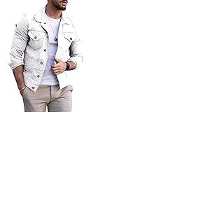 CHARTOU Veste en jean boutonn&eacute;e d&eacute;contract&eacute;e &agrave; manches longues pour homme, coupe droite, blanc, Large