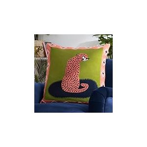 furn. Coussin Garni de Velours en Coton brodé Motif guépard Corail