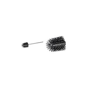 WENKO Brosse de Silicone avec Manche Acier INOX - Brosse de Toilette avec tête de Rechange, 7.5 x 35 x 7.5 cm, Brillant & Brosse de Rechange en Silicone - Porte-Brosse WC, 7.5 x 9.3 x 7.5 cm, Noir