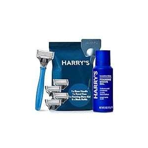 Harry's Kit de rasage pour homme &ndash; Rasoir humide avec 5 lames, manche bleu, housse de voyage, gel &agrave; raser 60 ml