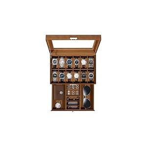 Uten Bo&icirc;te &agrave; Montres 12 Compartiments, 2 Niveaux Coffret &agrave; Montres en PU, Couvercle en Verre, Coffret de Rangement pour Montres, Coussinets Coton de Soie, Doublure Marron, Id&eacute;e Cadeau