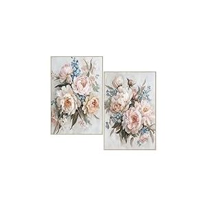 Lot de 2 tableaux sur toile avec fleurs et cadre en bois naturel en rose, vert et bleu 80 x 120 x 3,5 cm