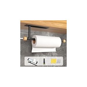 Zivacate porte essuie tout, [Accents Esthétiques en Bois] Auto-adhésif/perçage, range papier toilette, support essuie tout mural, porte-serviettes en papier (Noir Mat)