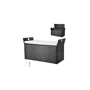VEVOR Banc de Rangement Extérieur en Rotin Synthétique Coffre de Jardin 340 L Banc de Terrasse avec Coussin, Capacité Charge 362,9 kg, Poignée Latérale, Siège d'Extérieur pour Patio, Jardin, Balcon