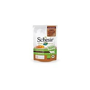 Schesir Bio - Aliment Complet Humide pour Chats Adultes stérilisés, pâté de Poulet et Porc avec Citrouille sans céréales - 16 sachets de 85 g (1,36 kg au Total)