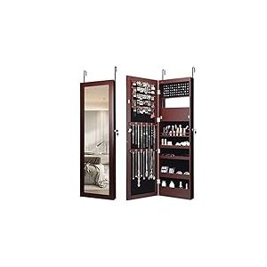 COSTWAY Armoire à bijoux de 120 cm avec miroir pleine longueur et miroir de maquillage intégré, armoire à bijoux miroir pour bagues, crochets à chaîne et boucles d'oreilles (marron)