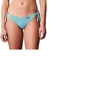 Calvin Klein Bas de Bikini Lani&egrave;res &agrave; Nouer sur Le C&ocirc;t&eacute; Femme String Side Tie avec Insigne, Turquoise (Saltwater Aqua), L