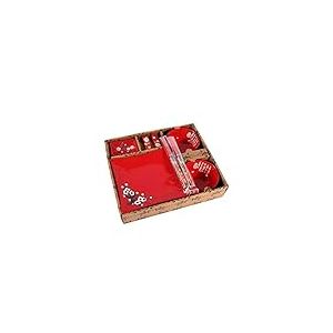 lachineuse - Service de Table Japonais Rouge - Vaisselle Japonaise Traditionnelle - Bols à Riz, Assiettes, Baguettes & Sauciers pour 2 Personnes - Cadeau Japon - Décoration de Table Asiatique