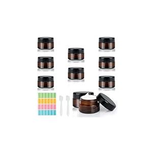 AiQInu 8 Pièces Contenant Voyage 20ml, Petit Pots Vide Cosmétiques Transparent Jaune-brun, Pot Verre avec 2 Spatule et 24 Étiquette, Pots Cosmétiques Vide