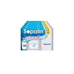 Sopalin® Ultr’Absorb - 18 maxi rouleaux 2 fois plus longs = 36 rouleaux classiques - 50% plus absorbant - Demi-feuilles - Papier certifié FSC® Mixte (C017535)